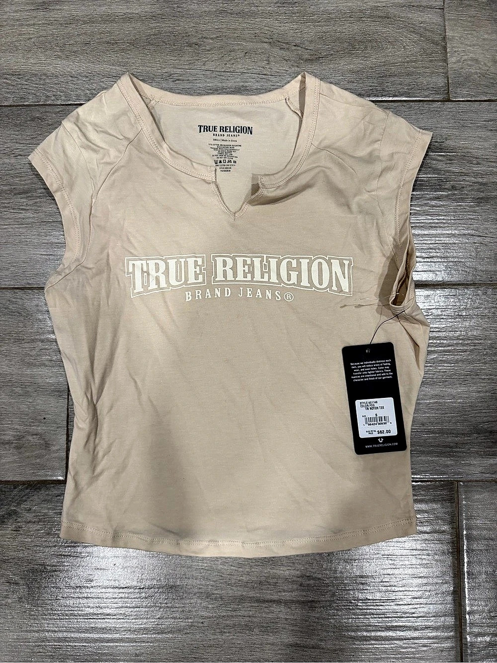 True Religion TR Notch Tee Graphic Muscle Tee Beige Small
